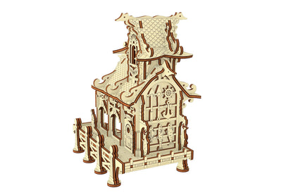 Back view of a laser cut plywood nautical shack model showcasing detailed multi-layered wall panels and carved oars.