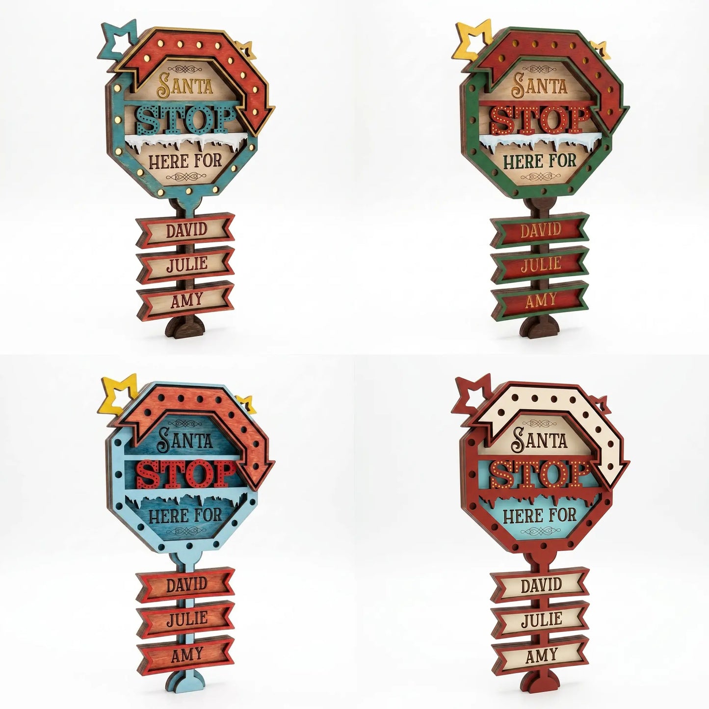 Four painted color variations of the laser cut plywood Santa Stop Here sign with personalized name banners on white