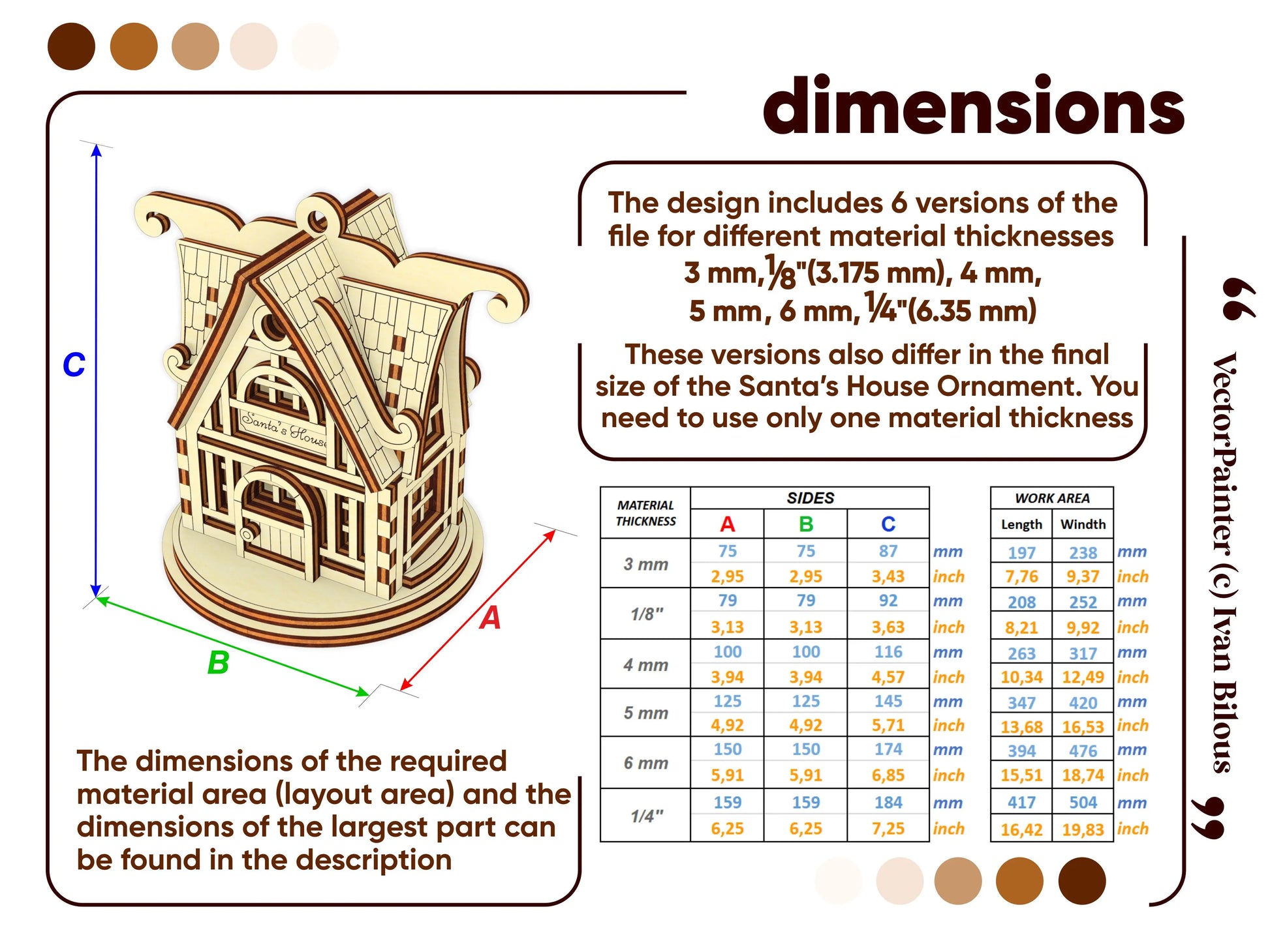 Graphic detailing the exact physical dimensions and material thickness for a Santa's house ornament of laser cut plywood