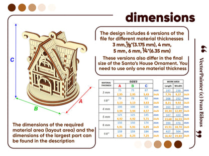 Graphic detailing the exact physical dimensions and material thickness for a Santa's house ornament of laser cut plywood