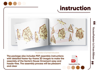 Detailed infographic guide showing step-by-step assembly instructions for a festive Santa's house ornament of laser cut plywood