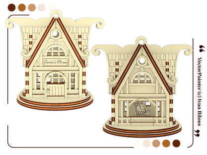 Profile side view of a miniature Santa's house Christmas ornament of laser cut plywood, showcasing clean joint connections