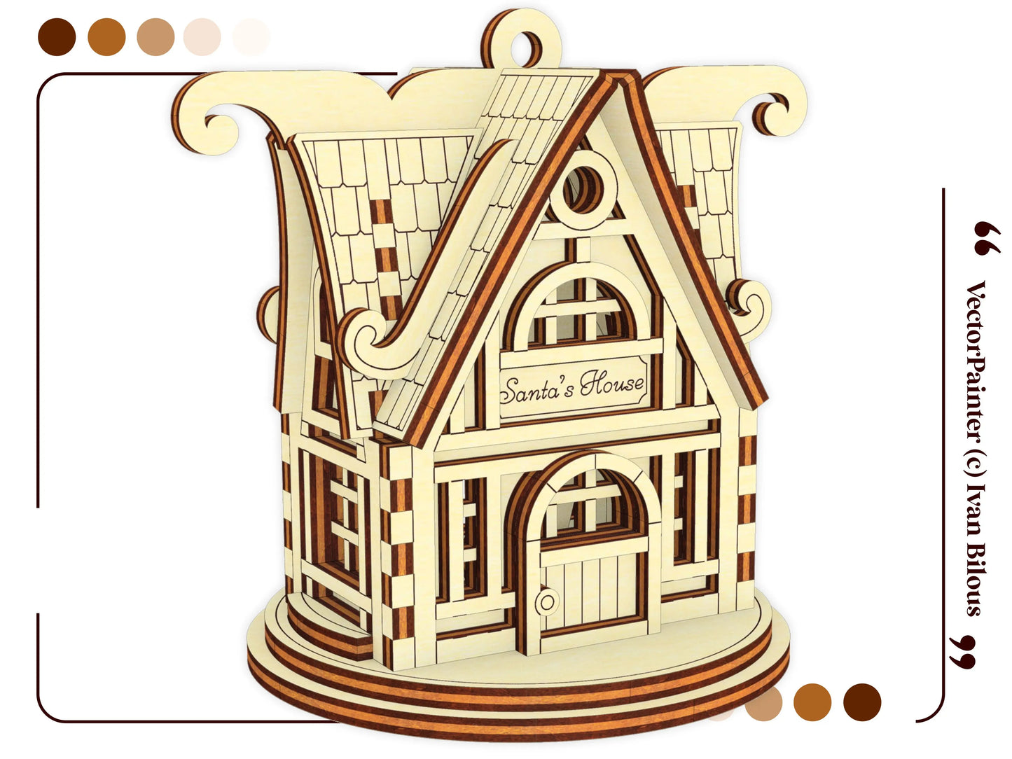 Alternative side view of a Santa's house holiday ornament of laser cut plywood, showcasing fine laser engraved details