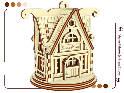 Alternative side view of a Santa's house holiday ornament of laser cut plywood, showcasing fine laser engraved details
