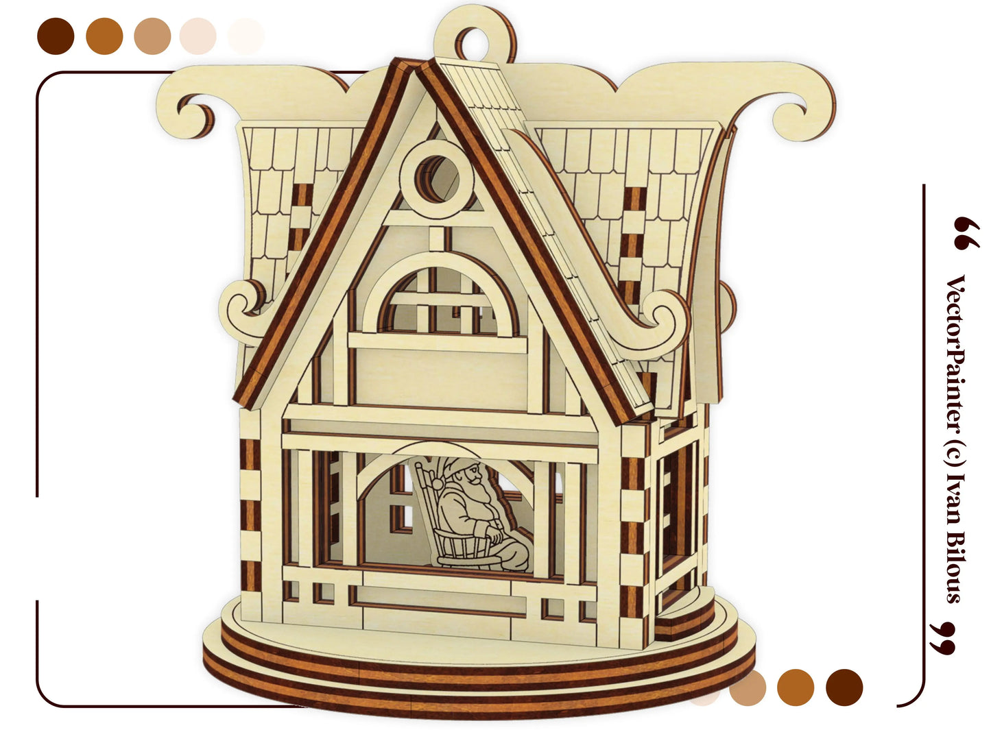 Side view of a miniature Santa's house Christmas ornament of laser cut plywood, showing natural wood grain and neat slots