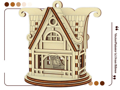 Side view of a miniature Santa's house Christmas ornament of laser cut plywood, showing natural wood grain and neat slots