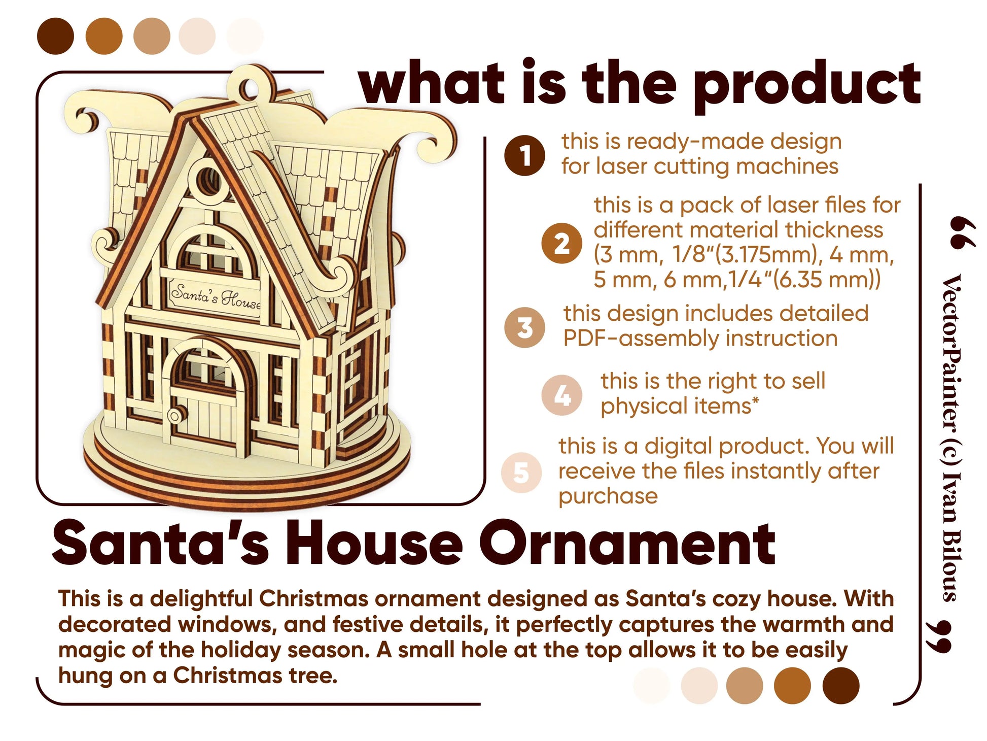 Product overview graphic explaining the key features and use of this festive Santa's house ornament of laser cut plywood