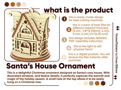 Product overview graphic explaining the key features and use of this festive Santa's house ornament of laser cut plywood