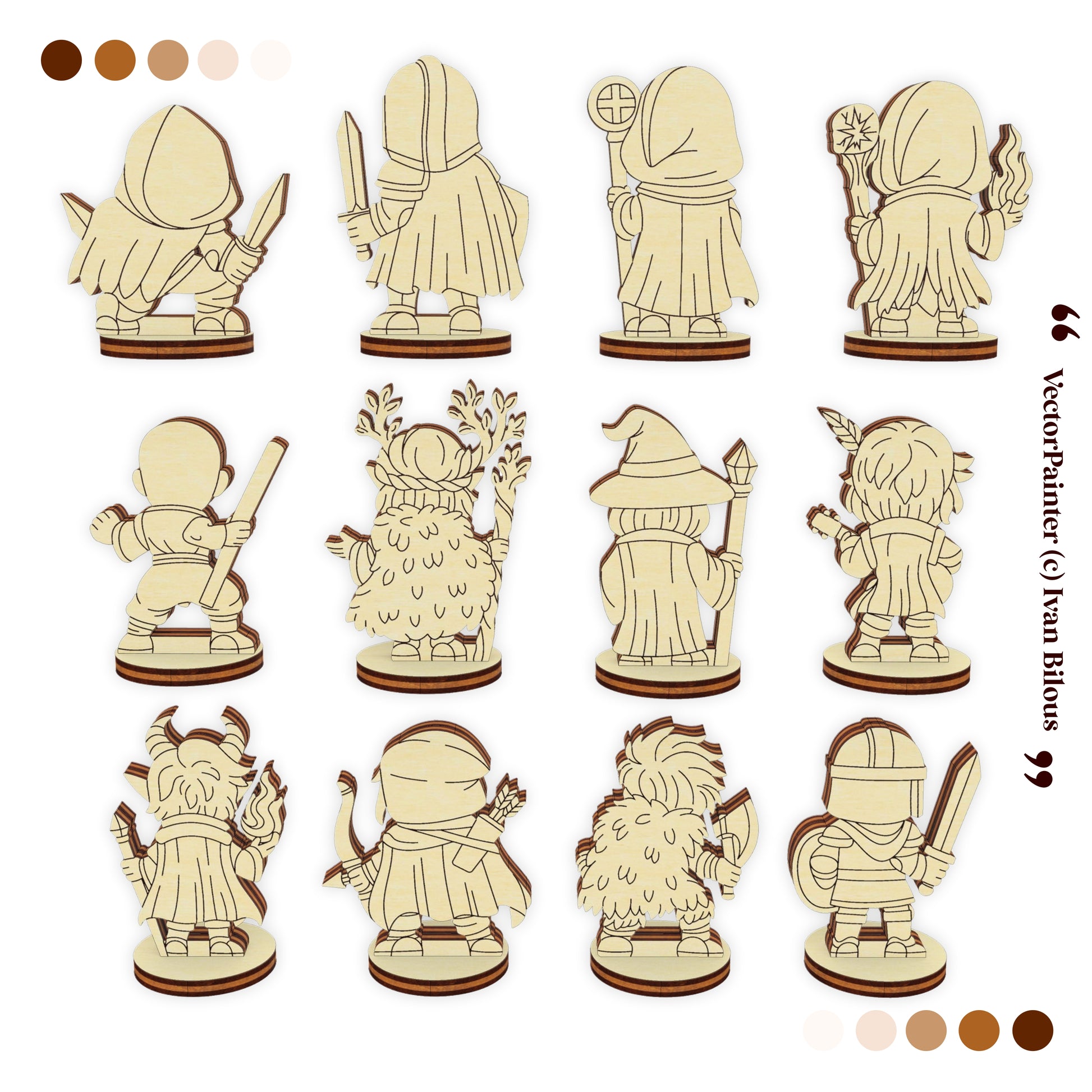 Back view of wooden fantasy board game figures laser cut design, showing rear details of all 12 characters