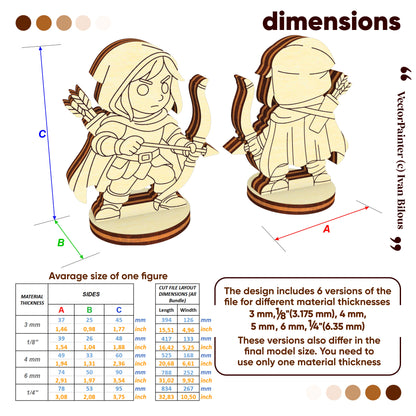 Laser cut board game figure dimensions diagram showing sizes for different material thicknesses