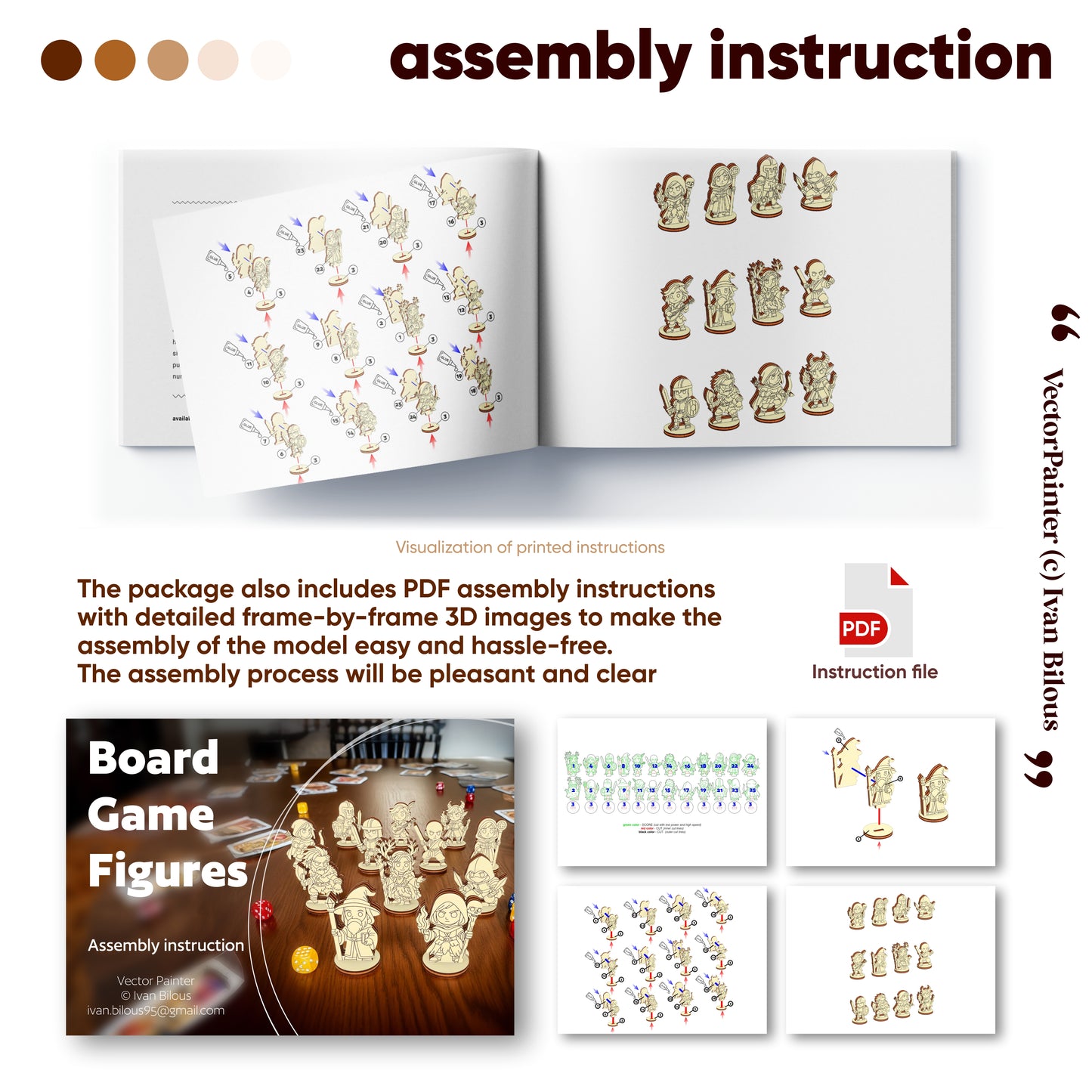 PDF assembly instructions preview for laser cut board game figures with step by step diagrams