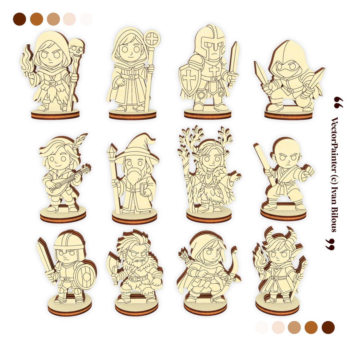 Front view of 12 fantasy RPG board game miniatures laser cut from wood, hero characters on round bases