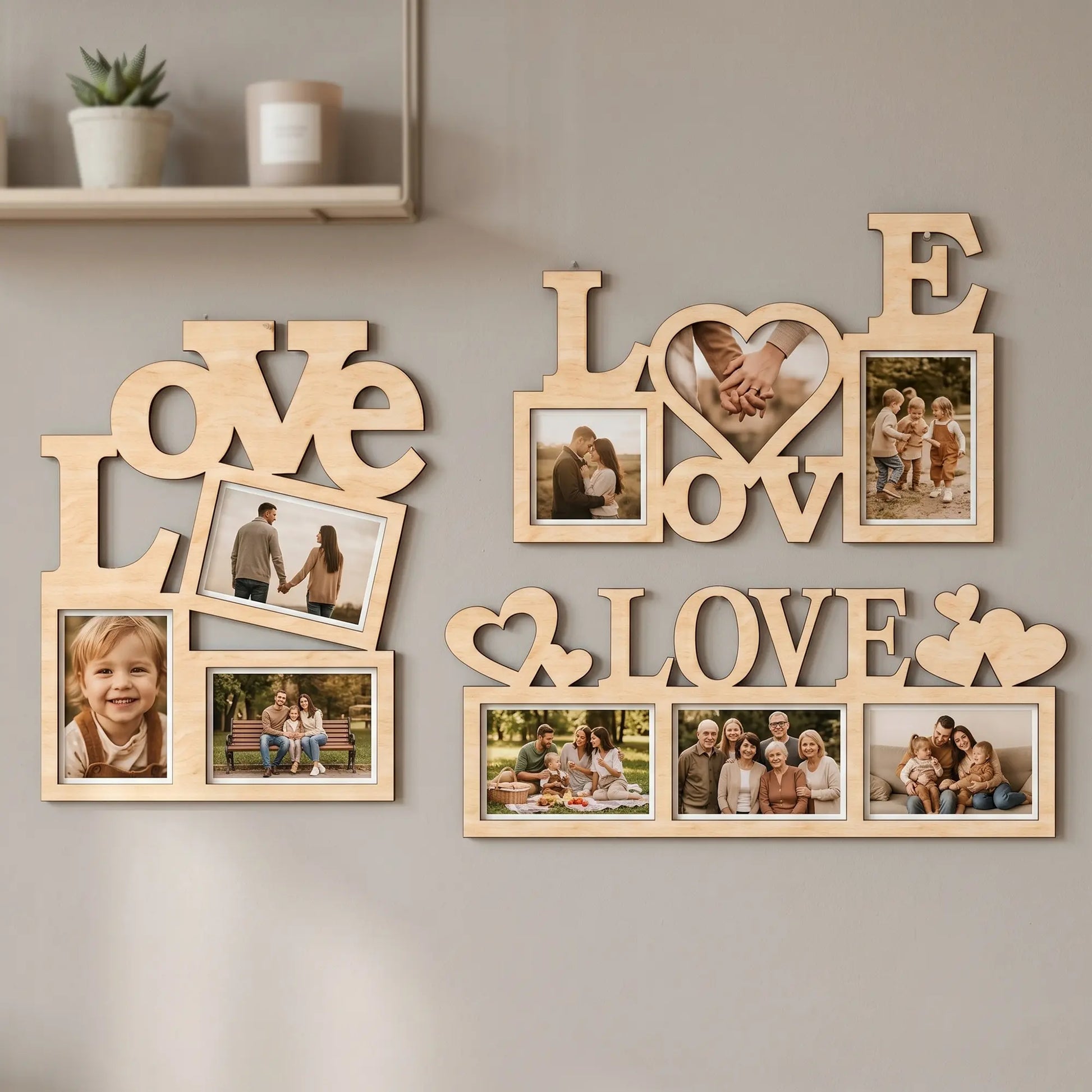 Three laser cut plywood wall photo frames with LOVE lettering and family pictures hanging on a neutral grey gallery wall