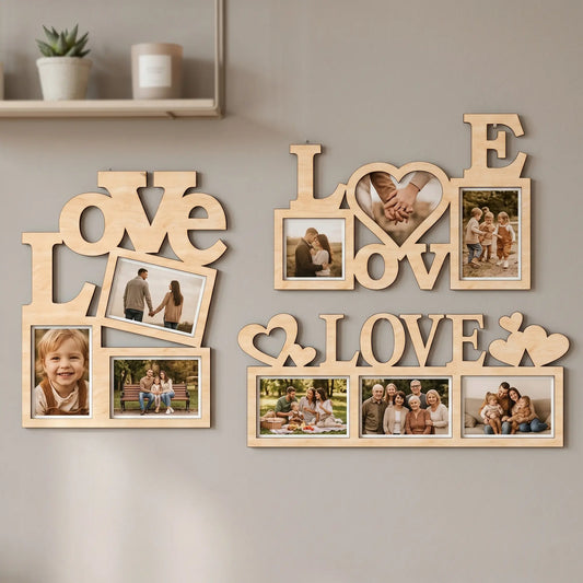 Three laser cut plywood wall photo frames with LOVE lettering and family pictures hanging on a neutral grey gallery wall