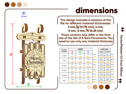 Set of 5 Christmas Sled Ornaments