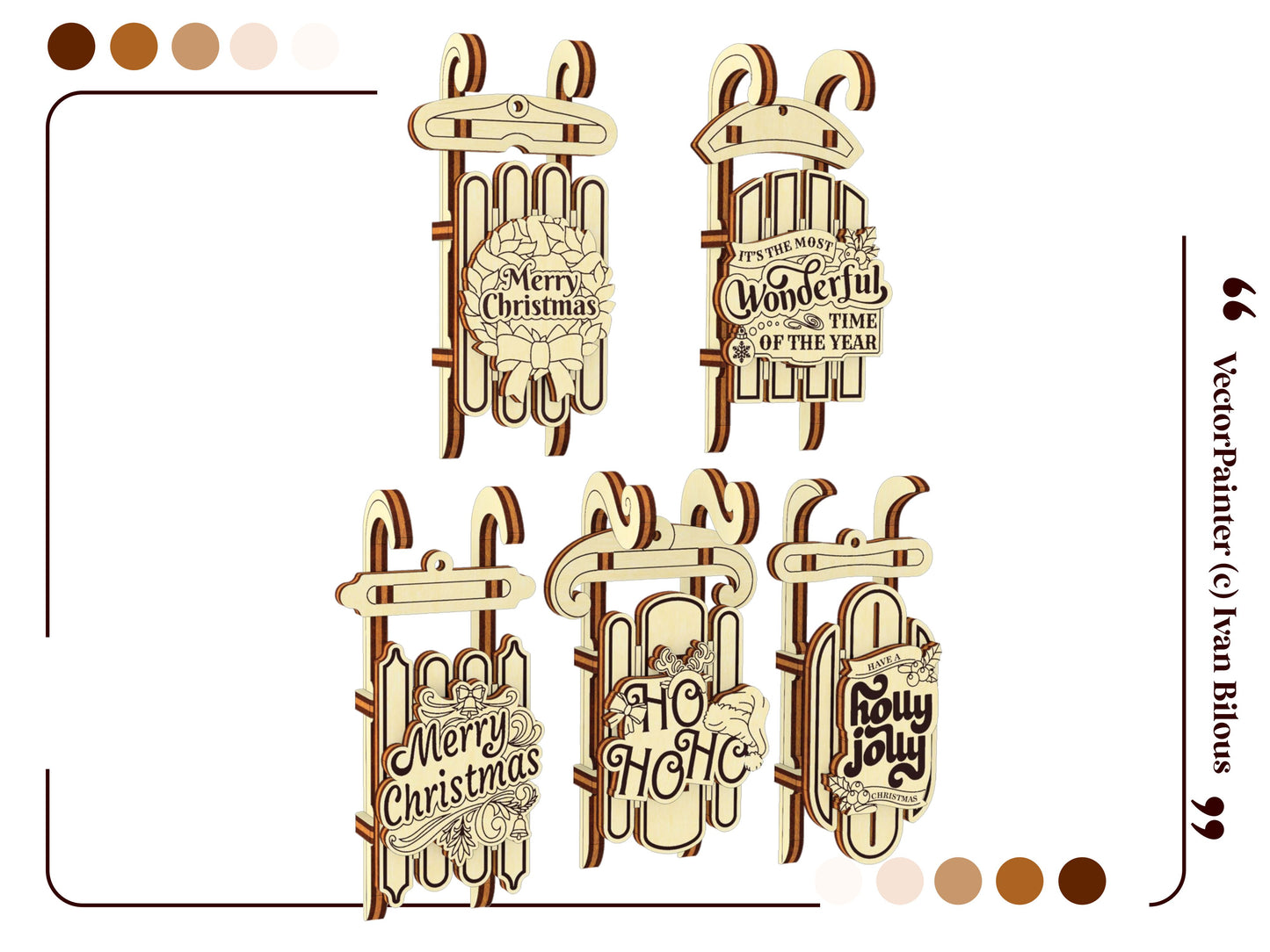 Set of 5 Christmas Sled Ornaments