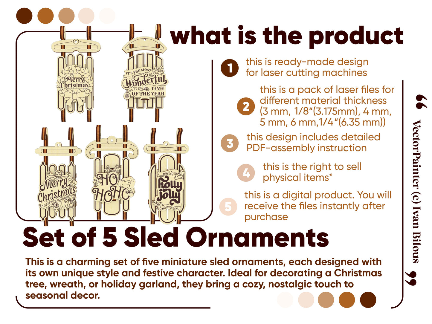 Set of 5 Christmas Sled Ornaments