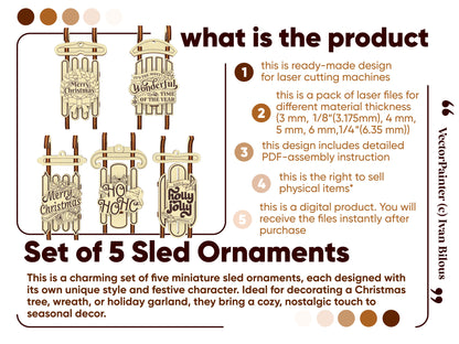 Set of 5 Christmas Sled Ornaments