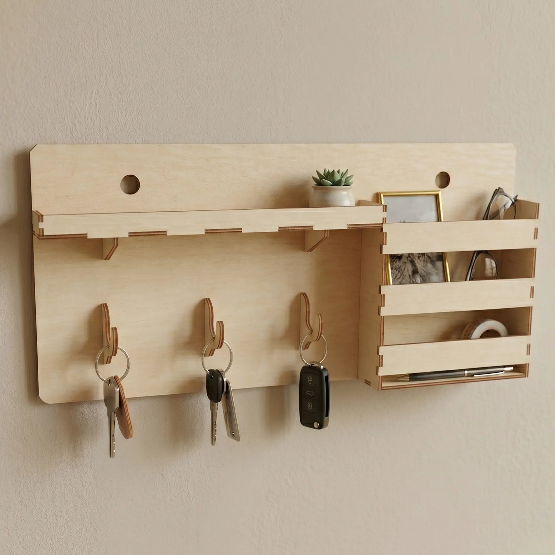 Laser cut plywood wall mounted entryway organizer with hooks for keys and tiered pockets for glasses on a neutral wall