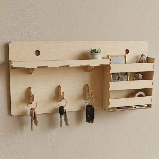 Laser cut plywood wall mounted entryway organizer with hooks for keys and tiered pockets for glasses on a neutral wall