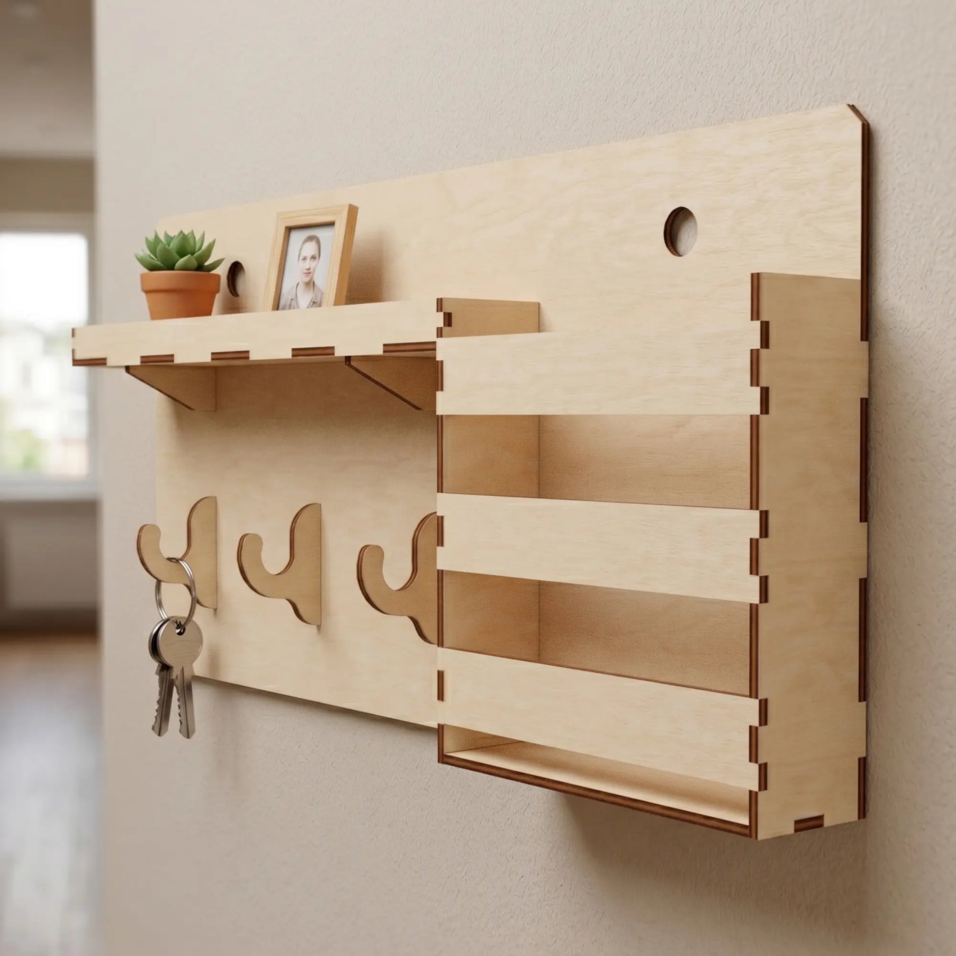 Side view of a laser cut plywood wall organizer with key hooks and tiered storage shown in a bright minimalist interior