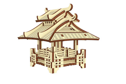 Low-angle isometric view of a traditional tiered roof gazebo model assembled using flat laser cut plywood details.