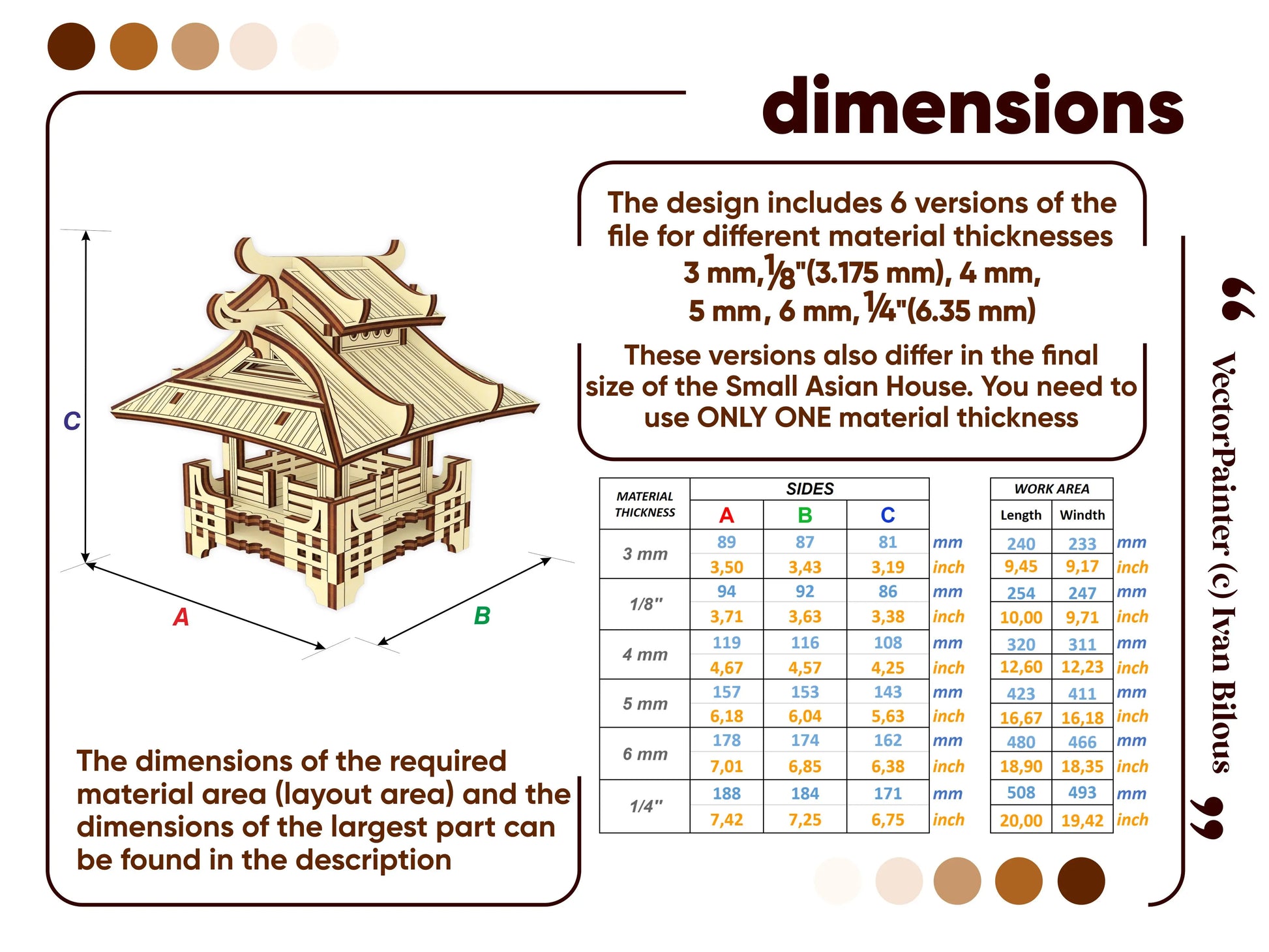 Metric dimension sizing grid chart graphic for a 3D miniature shinto shrine optimized for laser cut plywood elements.