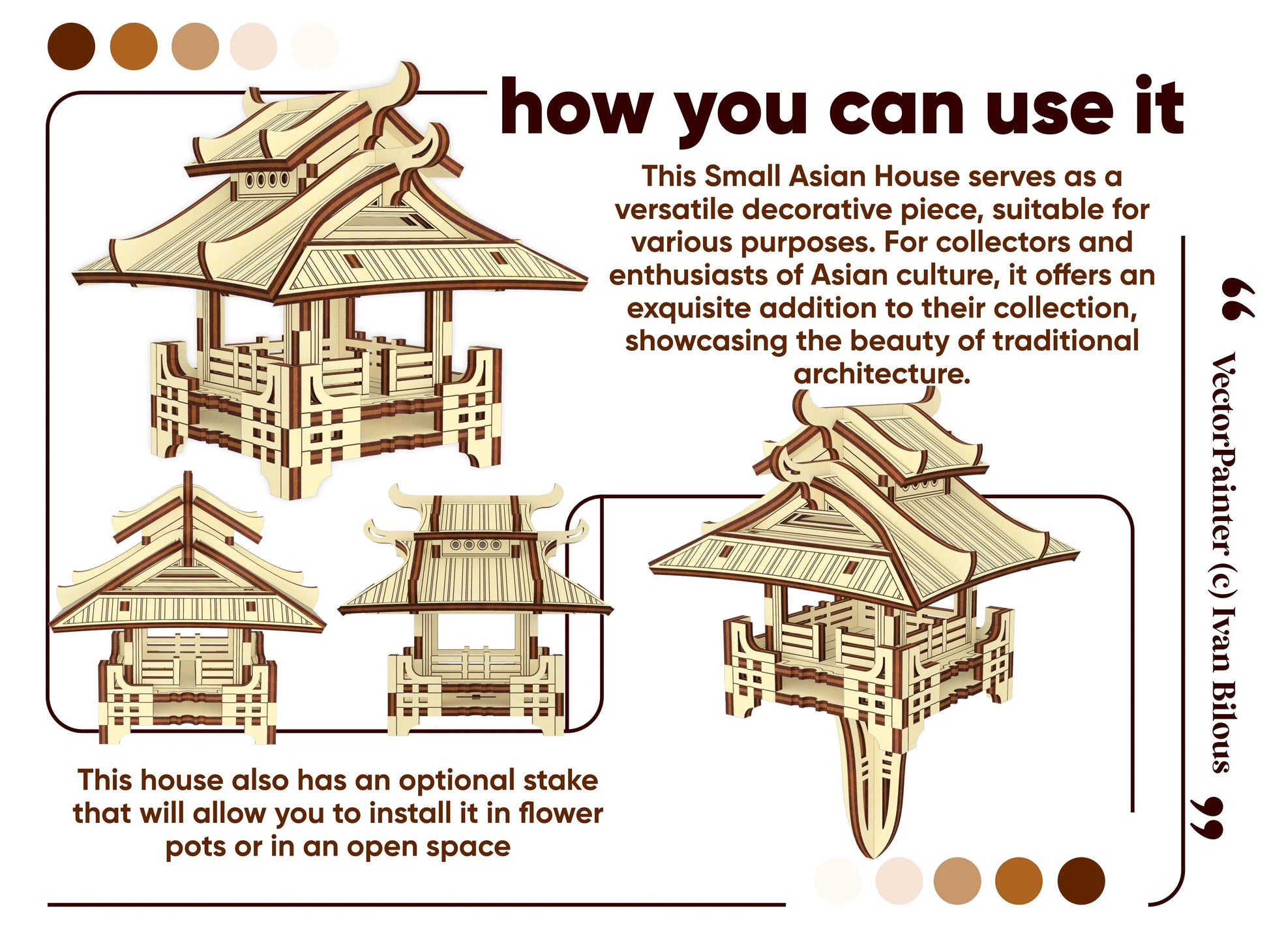 Commercial banner showing various display options for a decorative traditional pagoda kit made of laser cut plywood.