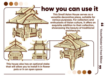 Commercial banner showing various display options for a decorative traditional pagoda kit made of laser cut plywood.
