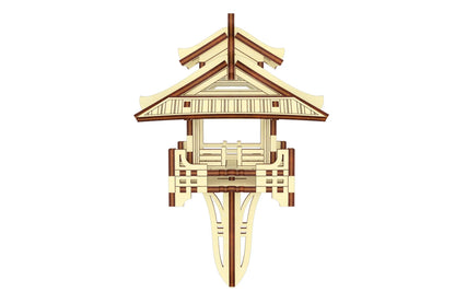 Symmetrical side look of an oriental temple lantern project made of laser cut plywood, featuring an option with stake.