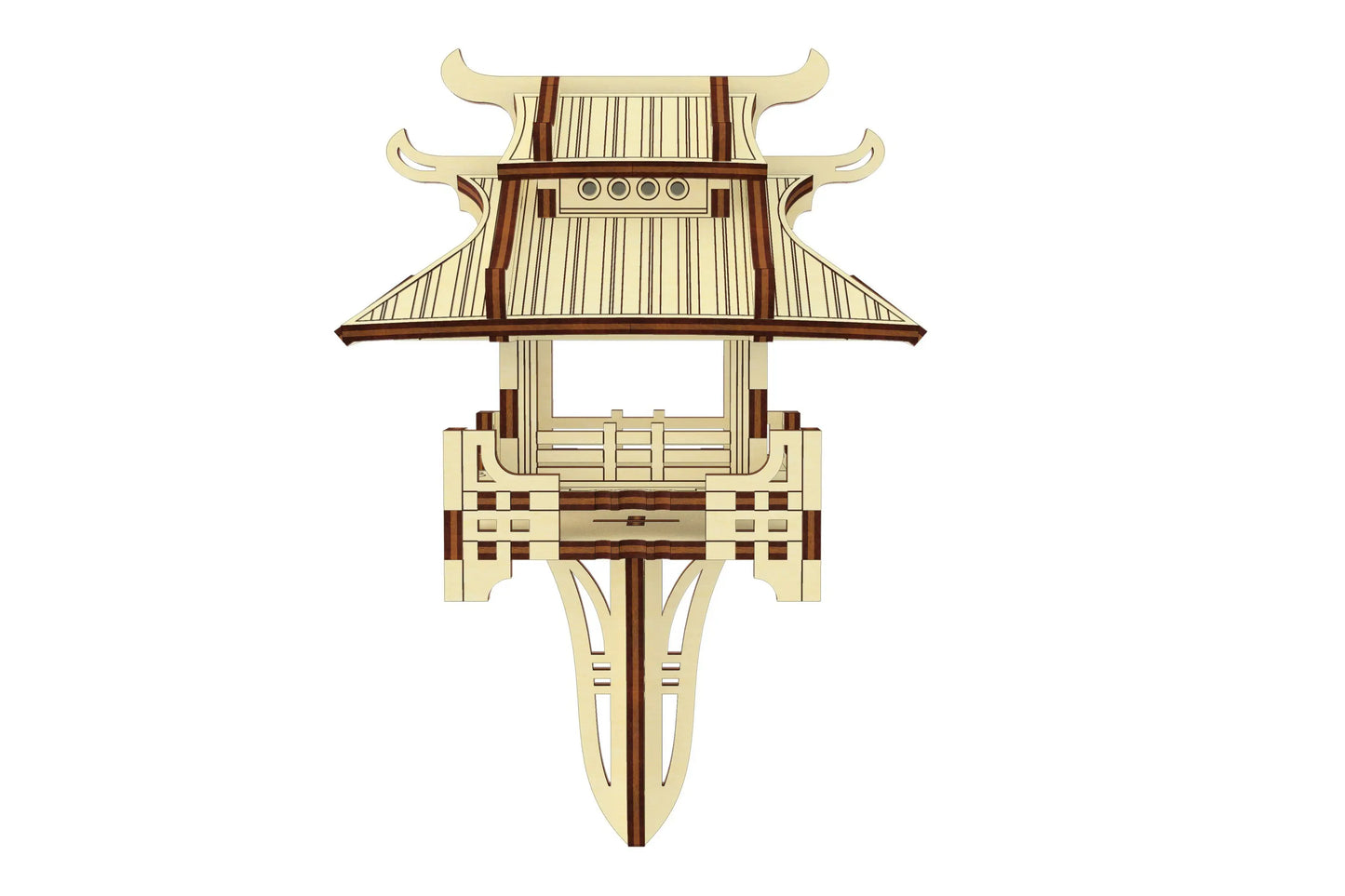 Symmetrical front view of a laser cut plywood japanese pagoda planter decoration model with an elongated stake.