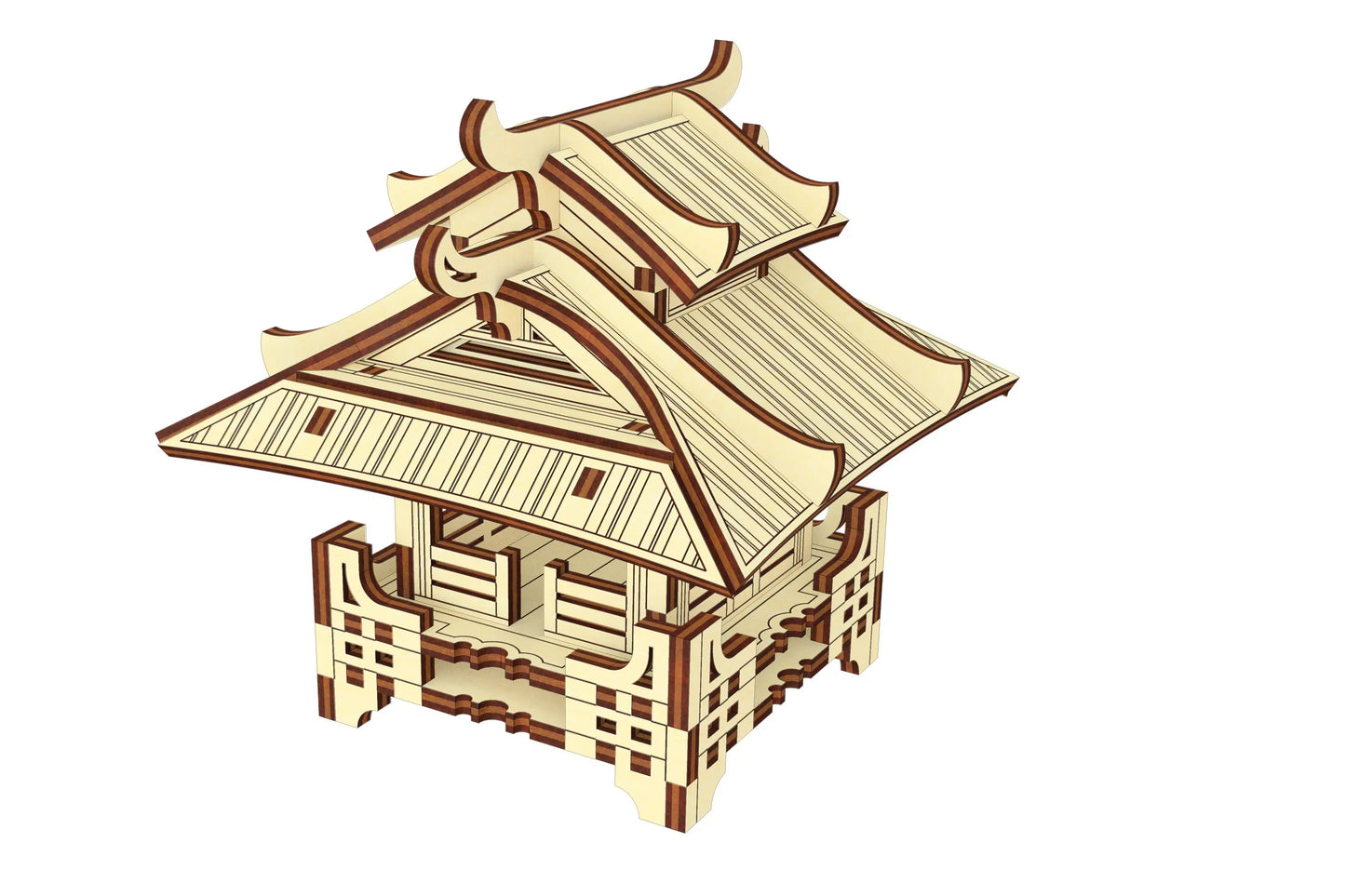 Three-quarter view of an assembled laser cut plywood asian pagoda puzzle model with flat base on white background.