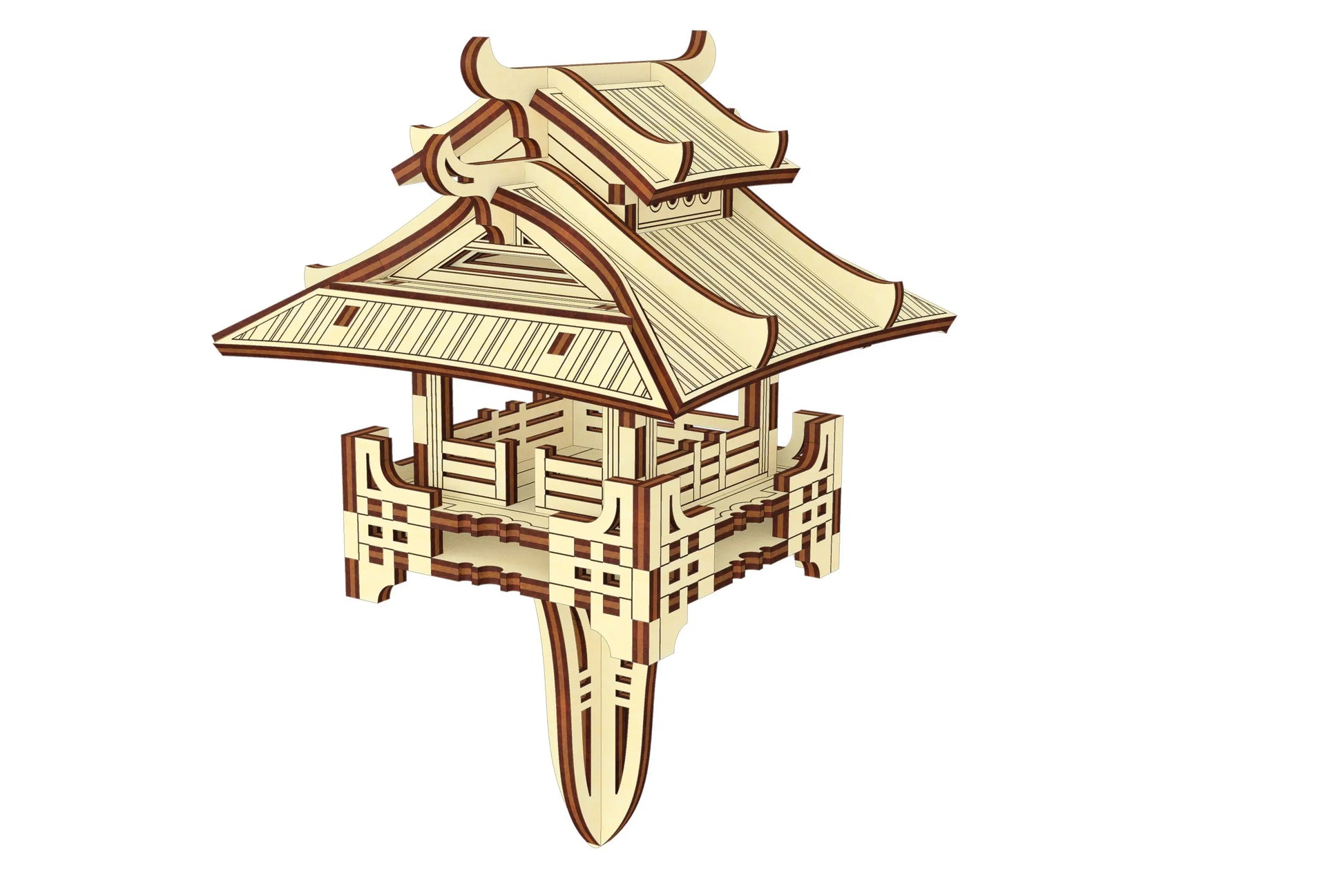 Three-quarter perspective of a laser cut plywood mini shinto shrine variation engineered with an integrated ground stake.