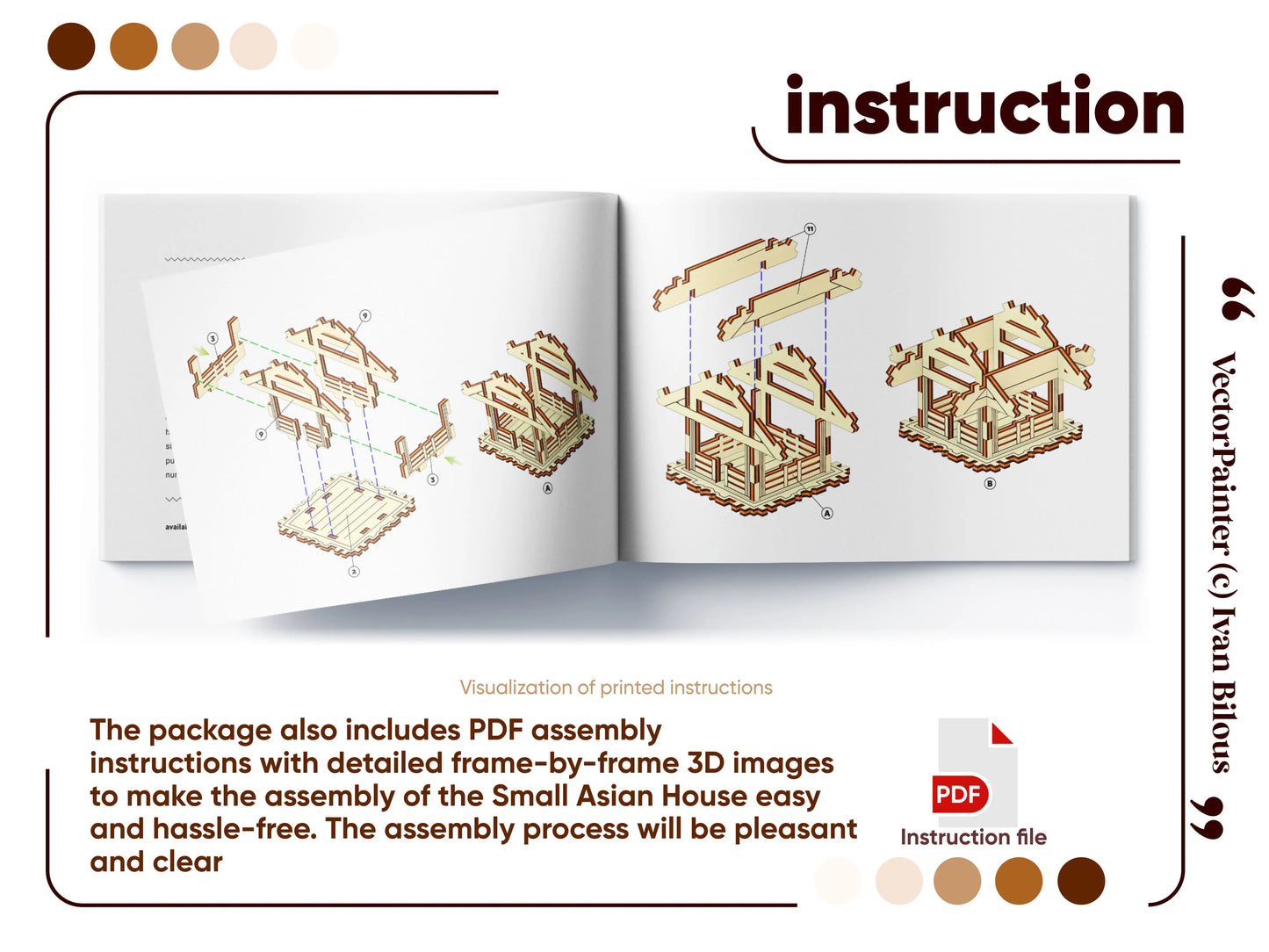 Open brochure page showing step-by-step 3D blueprint diagrams for assembling a small laser cut plywood japanese house.