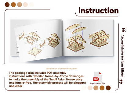 Open brochure page showing step-by-step 3D blueprint diagrams for assembling a small laser cut plywood japanese house.