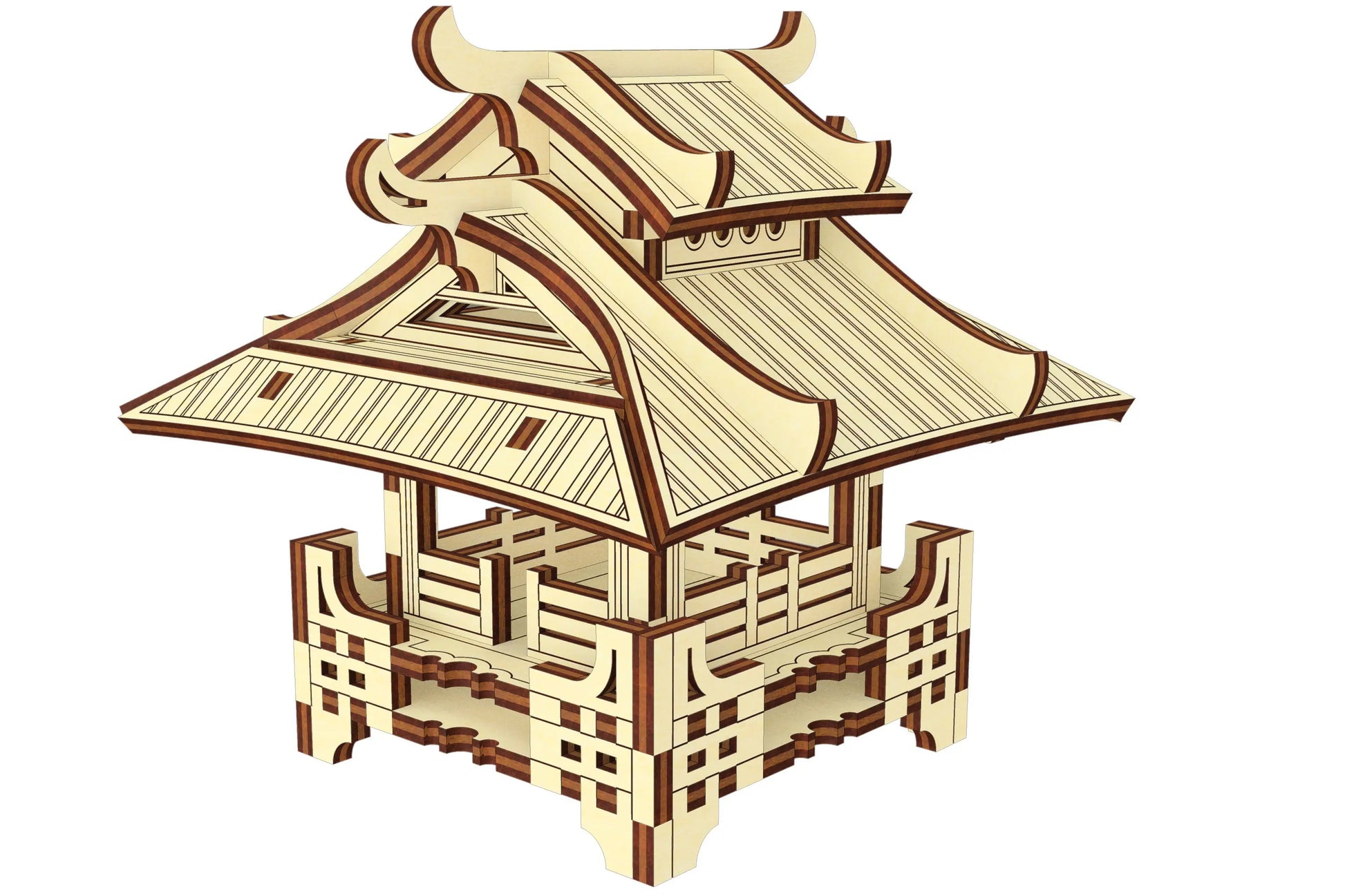 Three-quarter isometric render of a mini oriental pavilion puzzle constructed from multi-layered laser cut plywood.