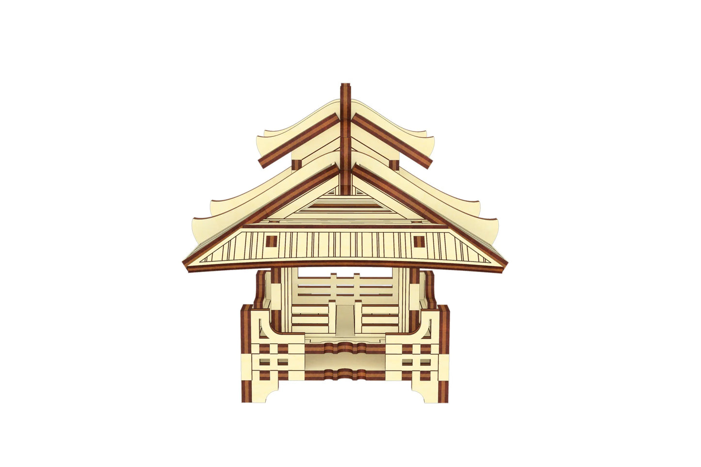 Symmetrical side view of an architectural asian temple model project assembled from laser cut plywood sheet pieces.