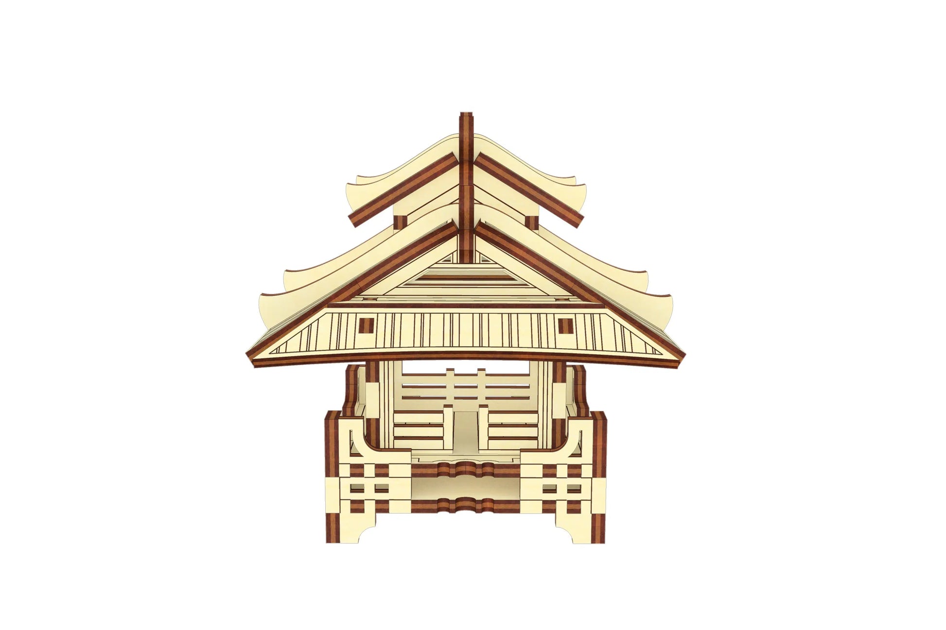 Symmetrical side view of an architectural asian temple model project assembled from laser cut plywood sheet pieces.