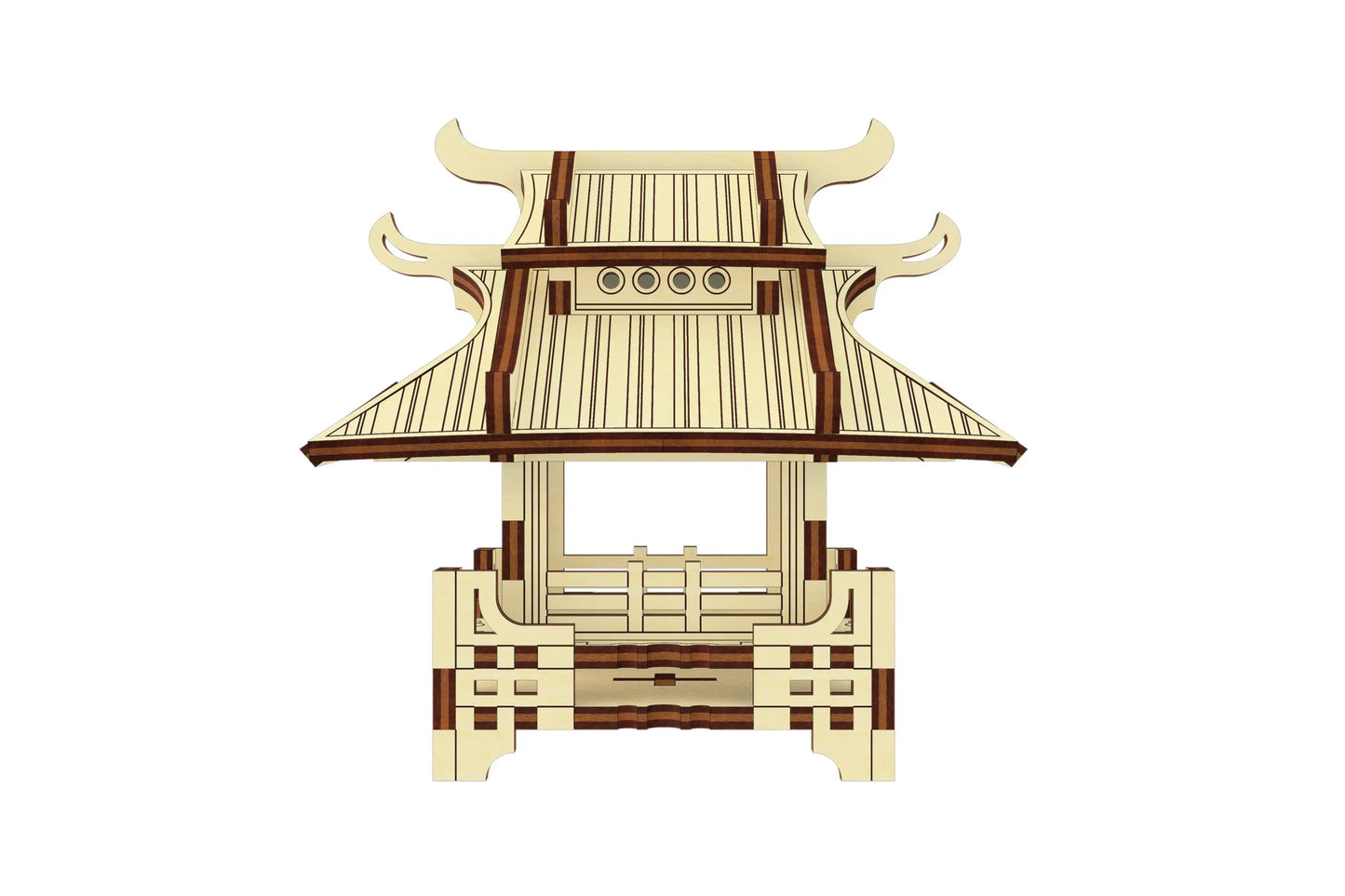 Symmetrical front vector view of a traditional japanese pagoda model made of laser cut plywood on a white background.