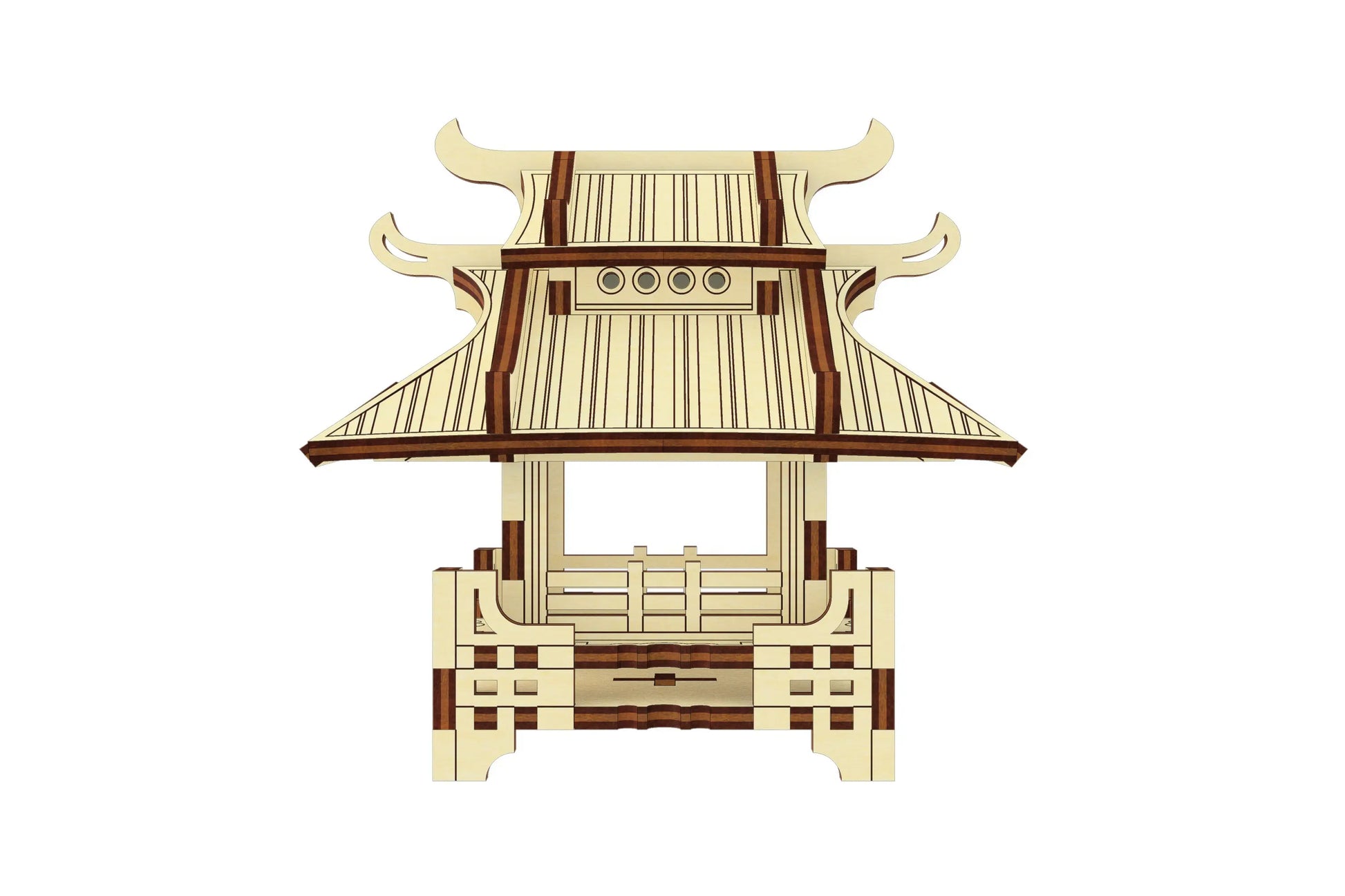 Symmetrical front vector view of a traditional japanese pagoda model made of laser cut plywood on a white background.