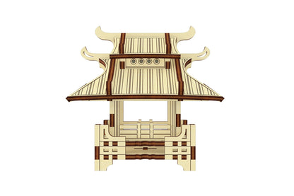 Symmetrical front vector view of a traditional japanese pagoda model made of laser cut plywood on a white background.