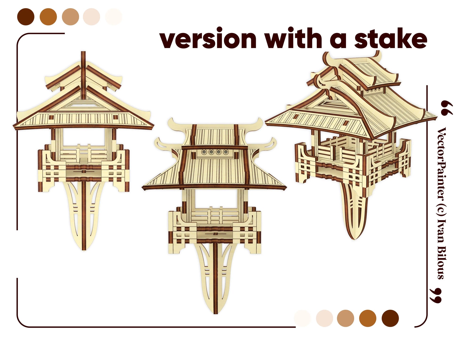 Multiple view layouts of a customizable laser cut plywood garden ornament pagoda model featuring an elongated ground stake.