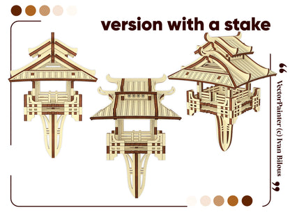 Multiple view layouts of a customizable laser cut plywood garden ornament pagoda model featuring an elongated ground stake.
