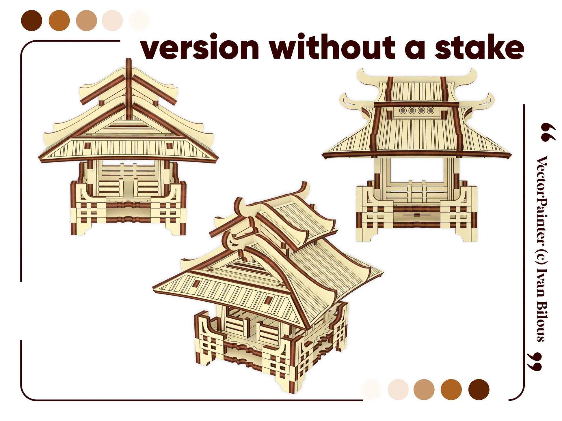 Flat tabletop base version of a small decorative asian house model kit manufactured from laser cut plywood layers.