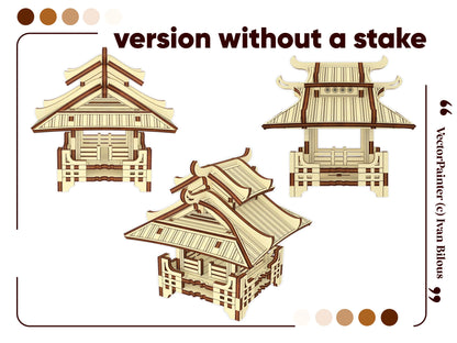 Flat tabletop base version of a small decorative asian house model kit manufactured from laser cut plywood layers.