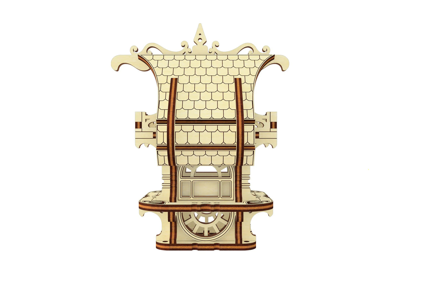 Rear view of laser cut plywood Small Elf House model, showing intricate shingled roof detail and structural assembly.
