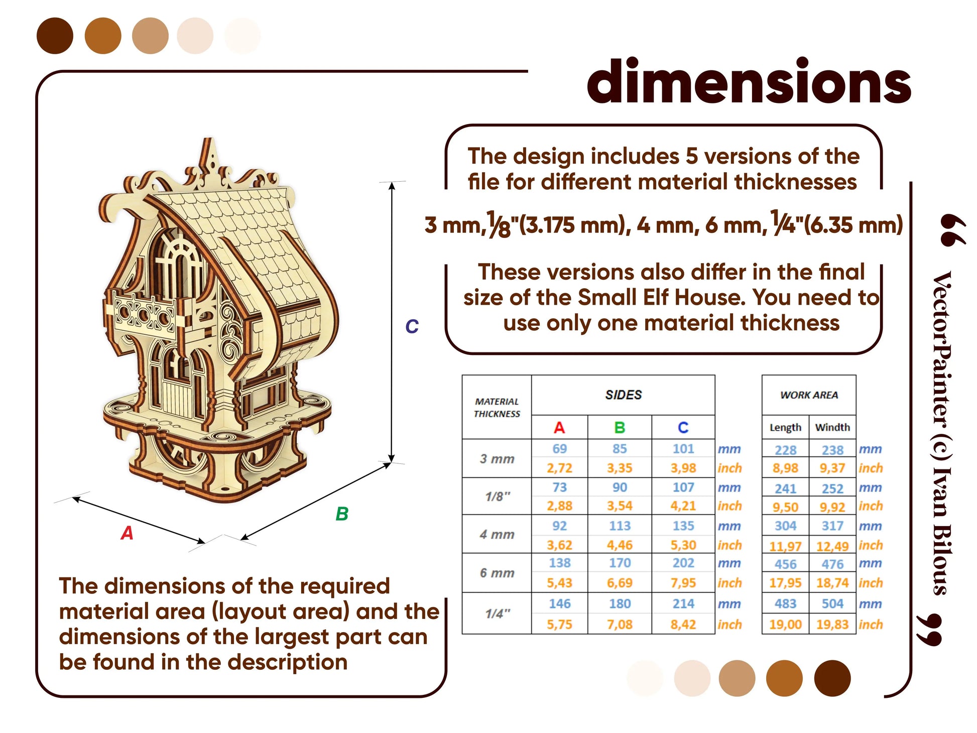 Chart showing dimensions and material thickness options (3mm, 1/8, 4mm, 6mm, 1/4) for Small Elf House laser cut plywood files.