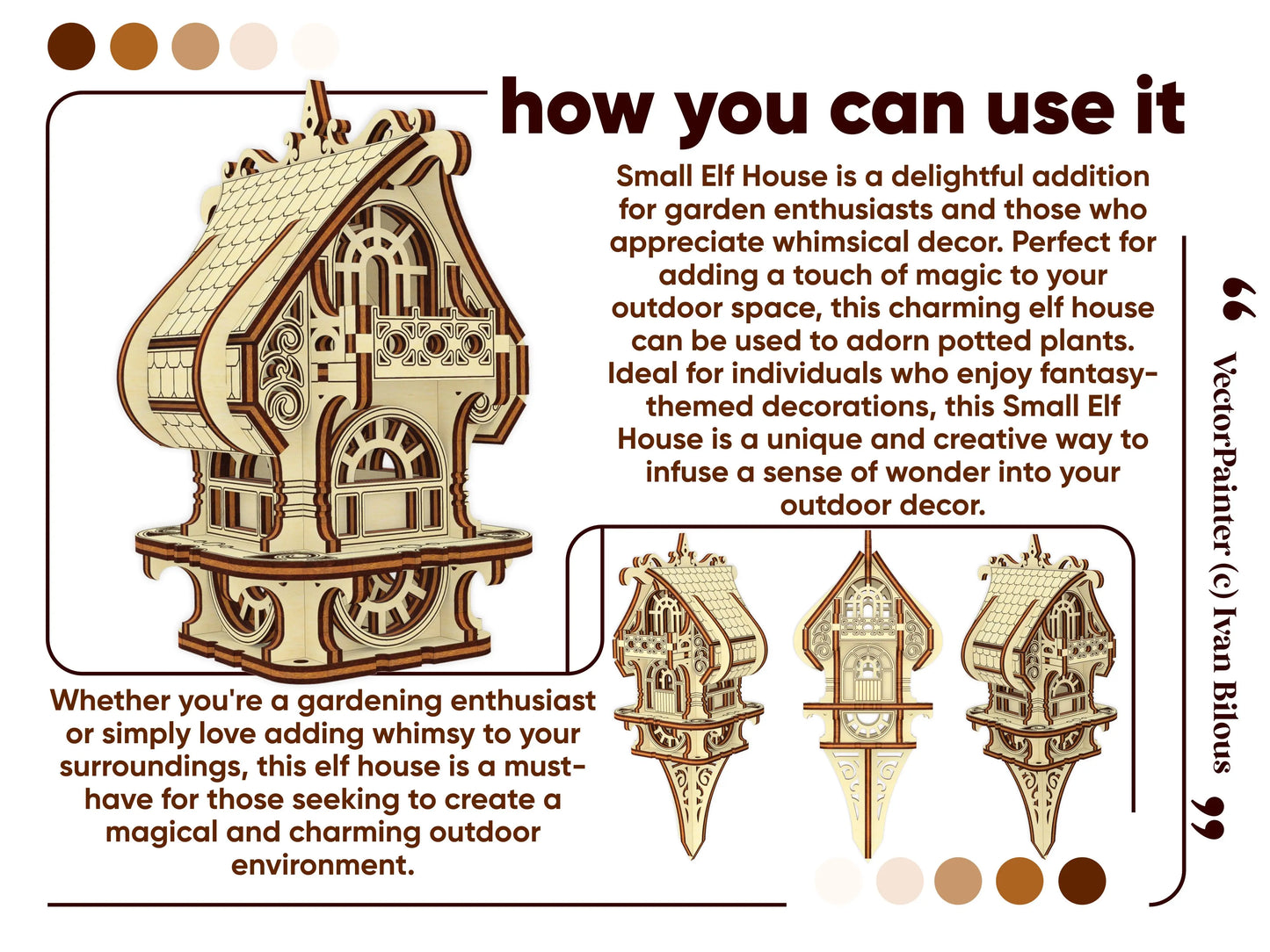 Whimsical laser cut plywood Elf House decor idea. Perfect as a garden stake for potted plants or fantasy-themed home display.