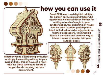 Whimsical laser cut plywood Elf House decor idea. Perfect as a garden stake for potted plants or fantasy-themed home display.