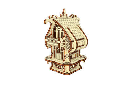 Isometric view of Small Elf House model, crafted from high-quality laser cut plywood with intricate filigree.